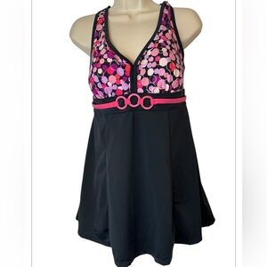 Swim 365 Women's 14W  Pink Polka‎ Dot Adjustable Straps Black Skirted Swimdress
